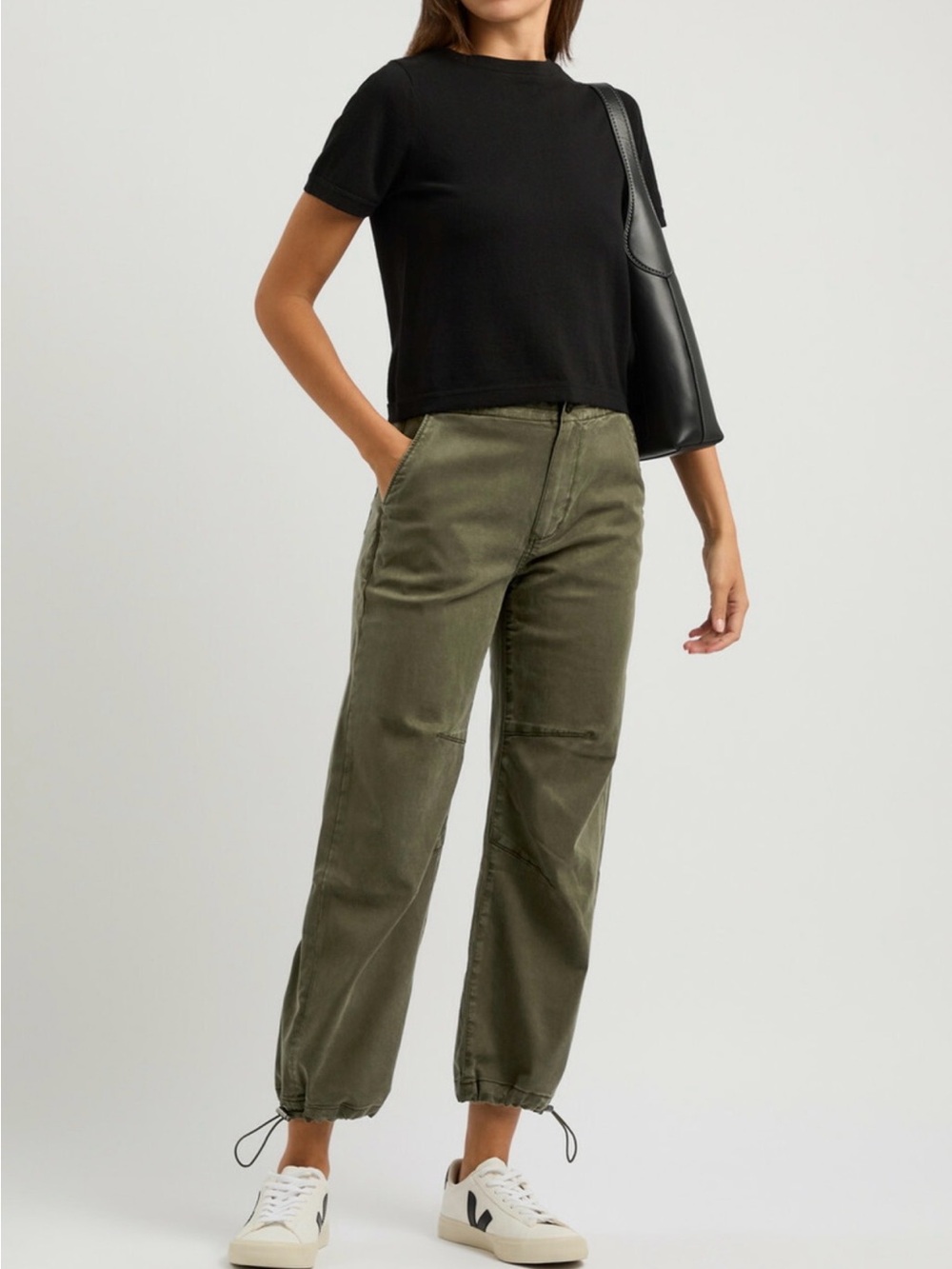 PAIGE Reid Twill Trousers Olive Green Cropped Jogger Pants  Minimalist 27
